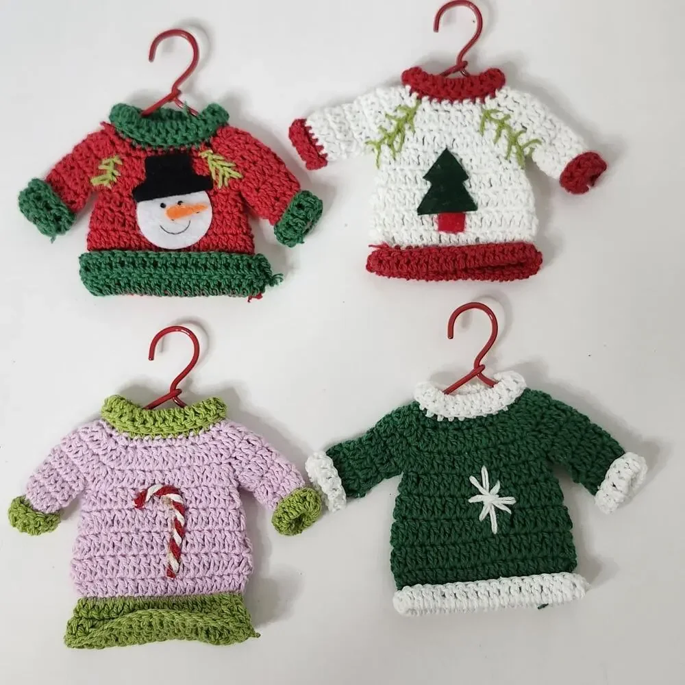 Vtg Crocheted Mini Sweaters With Hangers Christmas Ornaments Handmade Retro